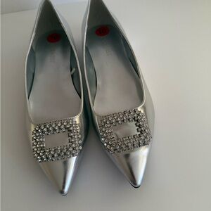 Nine West Junia Silver Pointed Toe Flats with Crystal Buckle New Women’s 10